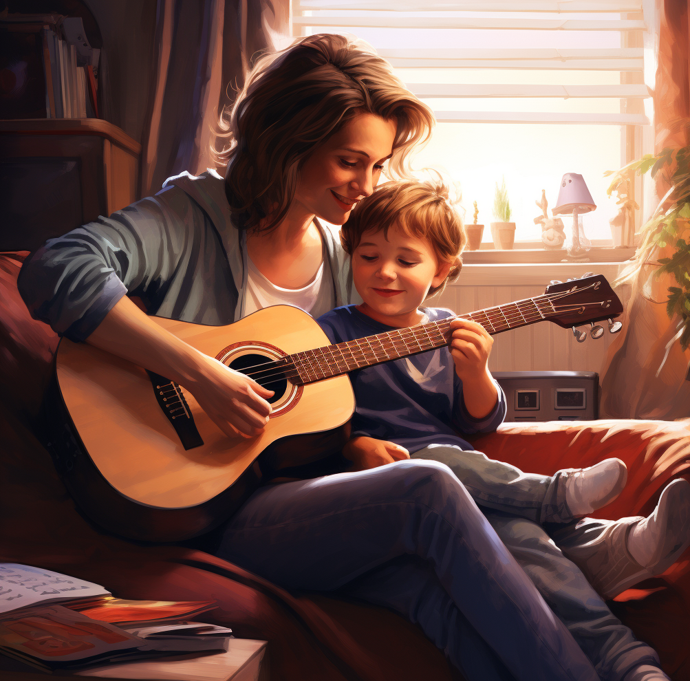 madre e hijo en crianza respetousa con musica